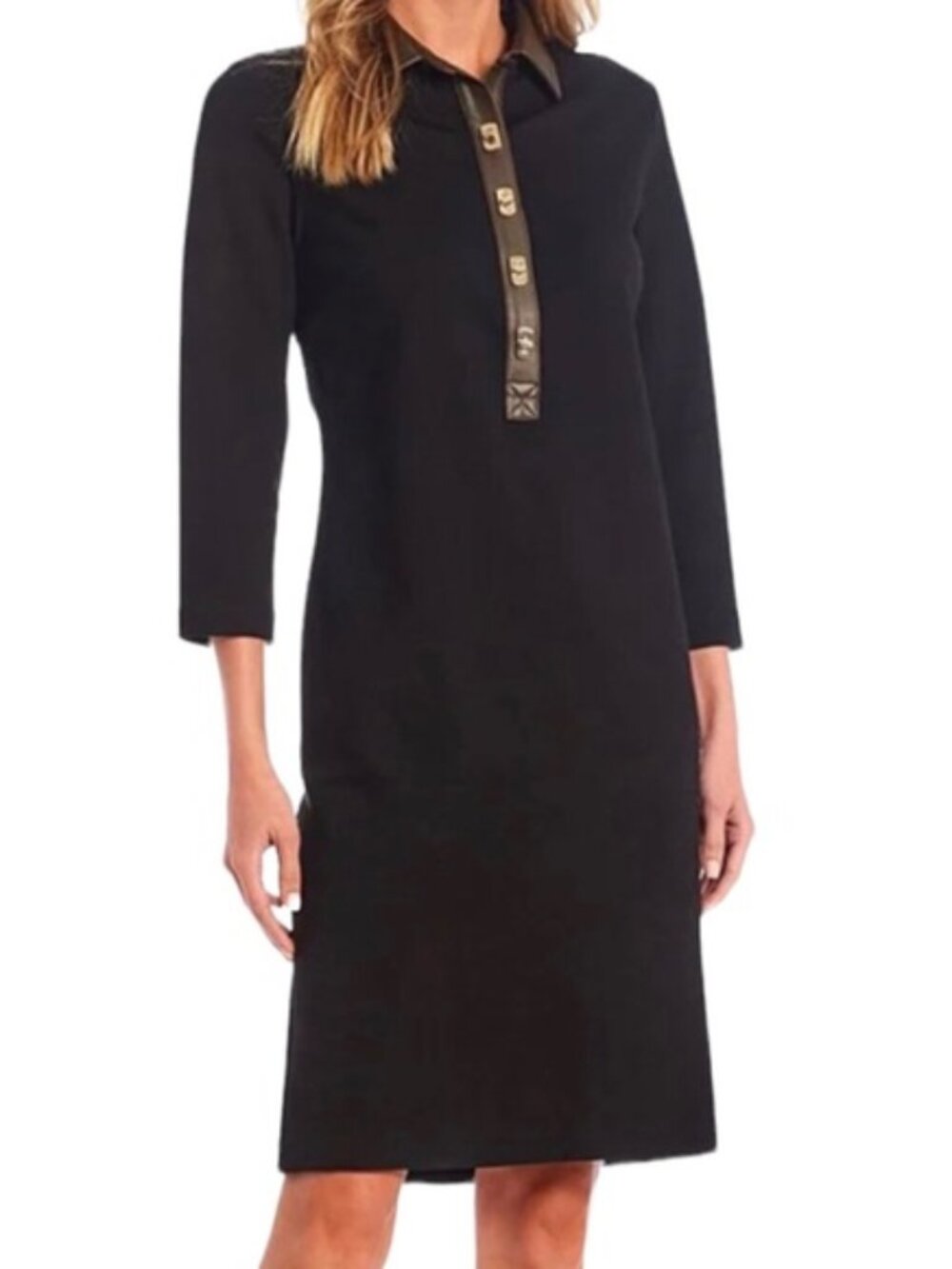 J. McLaughlin Falcon Vegan Leather Trim‎ Collar 3/4 Sleeve Knit Shirt Dress